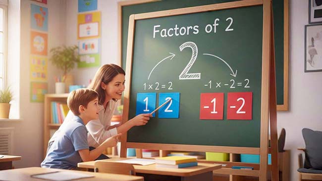 factors of 2 with positive and negative integers shown in set notation